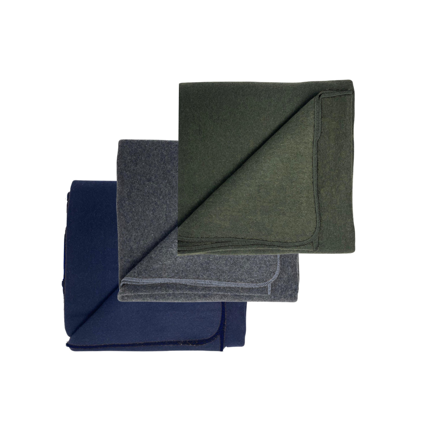 TRIBE ReGen Wool Blankets - Navy, Storm, Olive - Overlaid & folded square with corner turned over | Eco Yoga Store