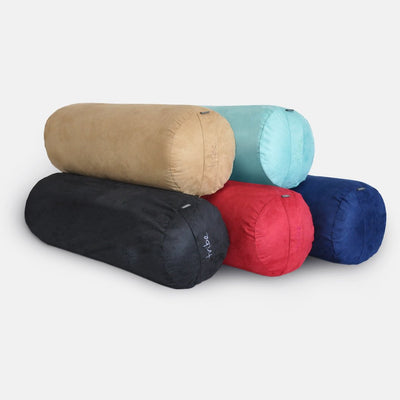 TRIBE Round Bolsters - group shot of Taupe, Pacific, Cosmos, Cherry, Navy | Eco Yoga Store 