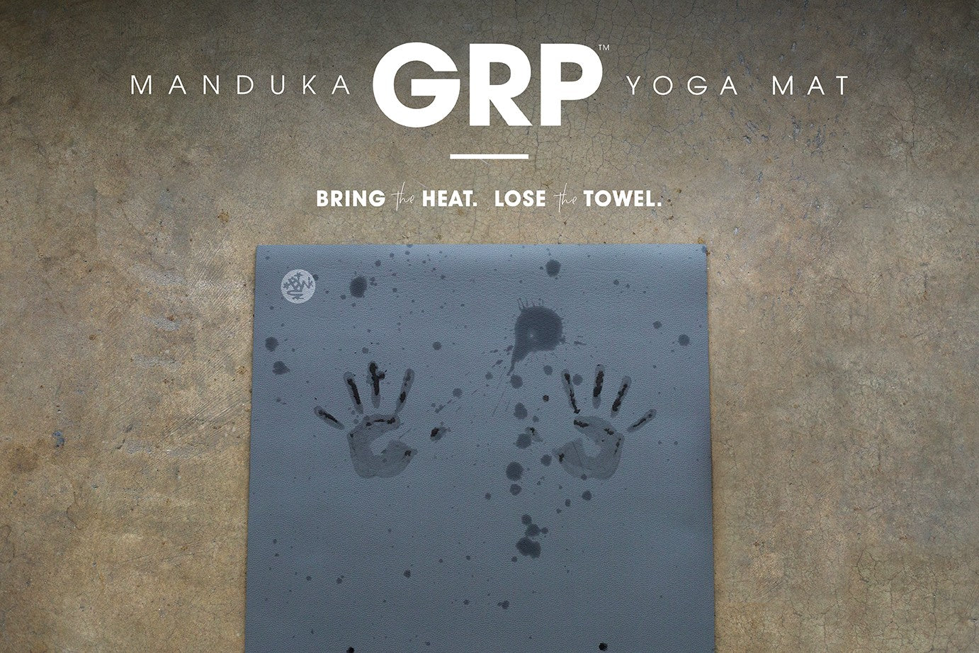 GRP Yoga Mat Poster Image - mat with hand prints showing sweat | Manduka | Eco Yoga Store