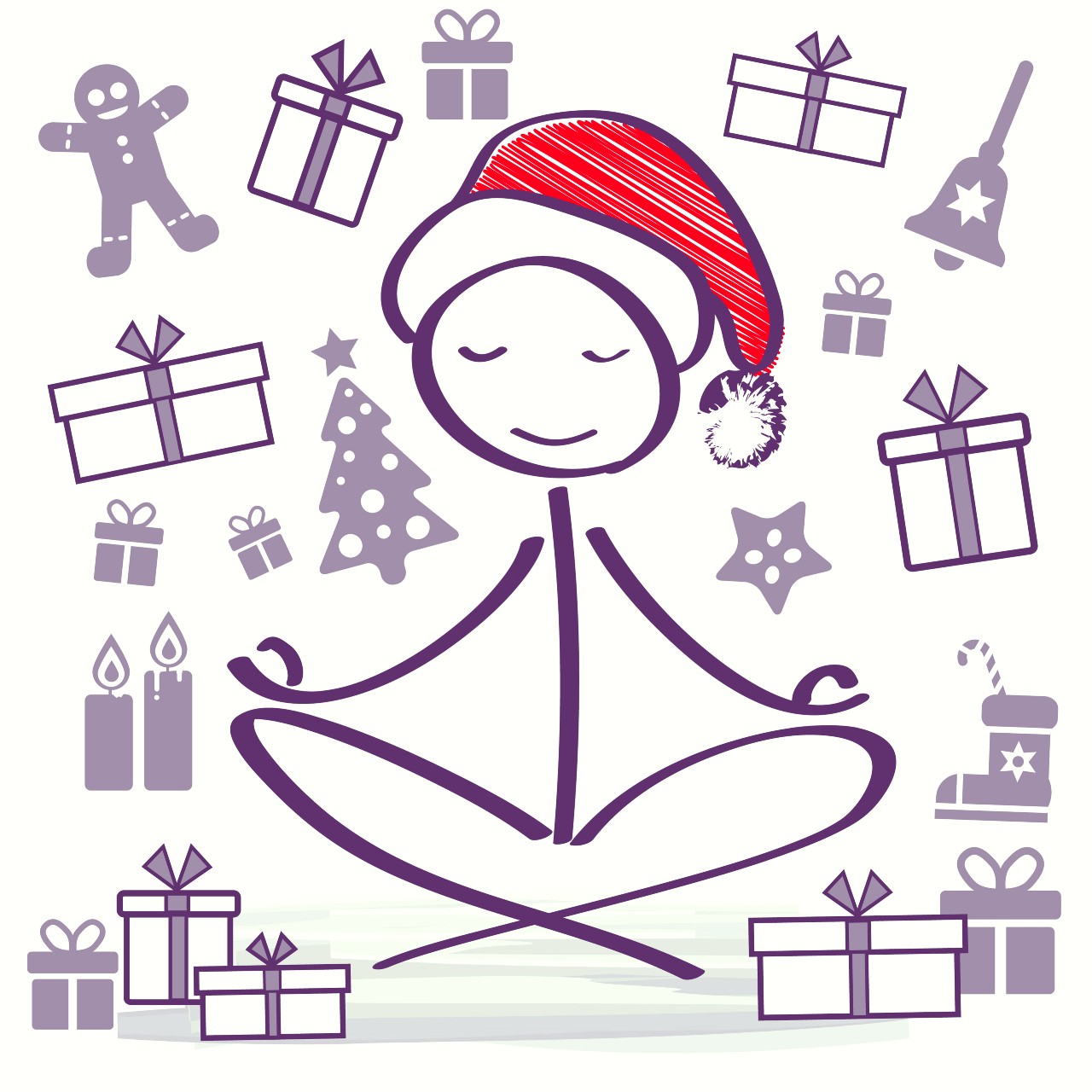 Line drawing of yogi meditating with Christmas presents circling around them | Eco Yoga Store