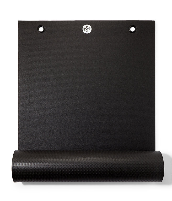 Manduka P/ROX Hybrid Fitness Mat 6mm - Black - part rolled, overhead view, grommet end | Eco Yoga Store