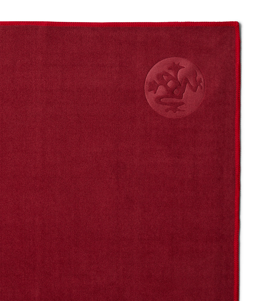 Manduka eQua Mat Towel - Verve - on top of a yoga mat | Eco Yoga Store