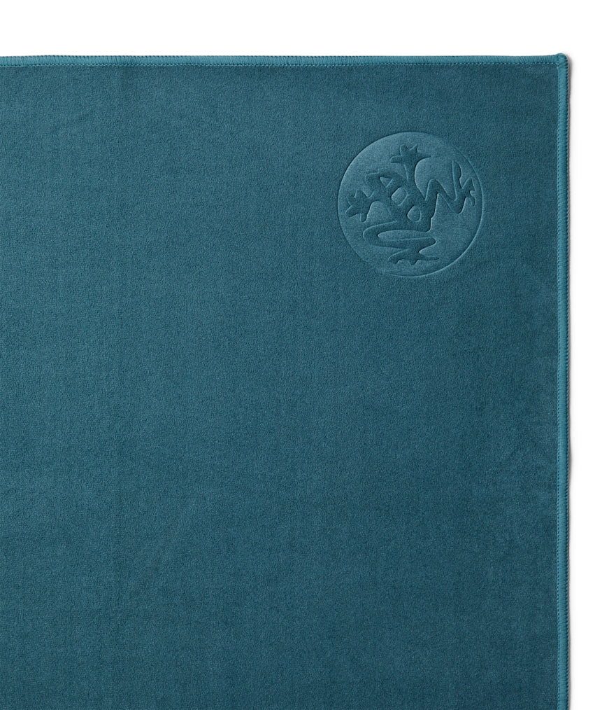 Manduka eQua Mat Towel - Sage - on top of a yoga mat | Eco Yoga Store