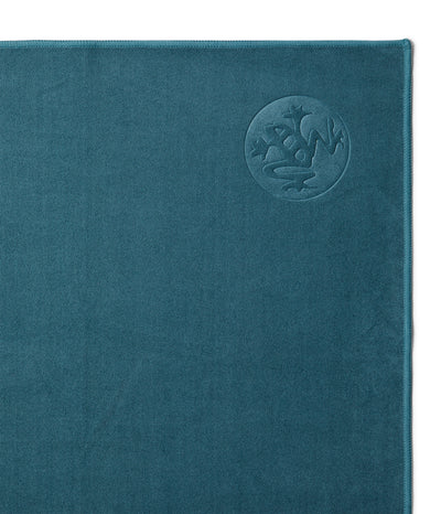 Manduka eQua Mat Towel - Sage - on top of a yoga mat | Eco Yoga Store
