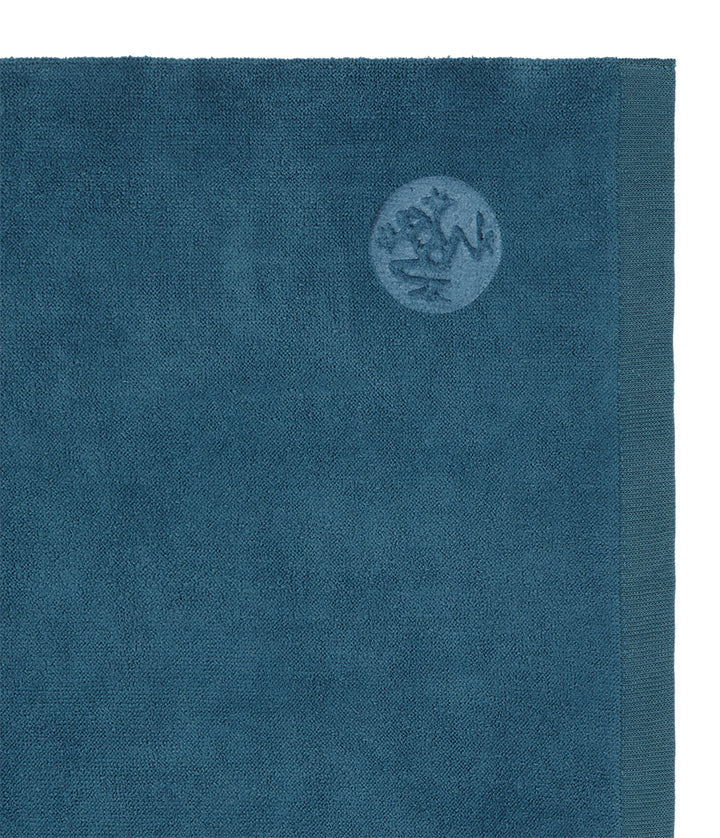 Manduka eQua Hand Towel - Maldive - close-up of embossed frog logo | Eco Yoga Store