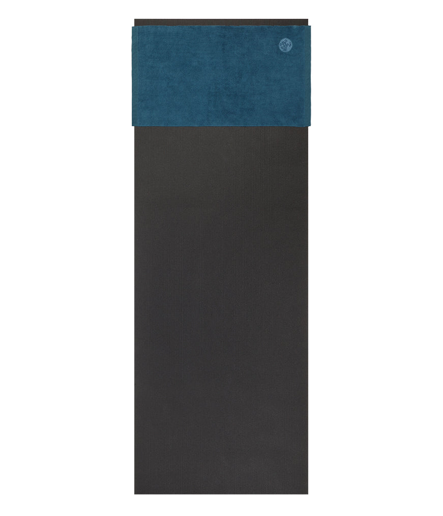 Manduka eQua Hand Towel - Maldive - placed on a yoga mat | Eco Yoga Store