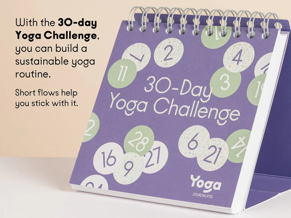 A spiral-bound '30-Day Yoga Challenge'  with a purple cover decorated with numbered circles. Text on the left reads, 'With the 30-day Yoga Challenge, you can build a sustainable yoga routine' - Yoga Journaling | Eco Yoga Store