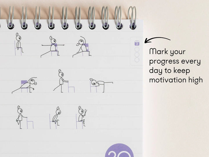 A page from the '30-Day Yoga Challenge' showing hand-drawn stick figures performing yoga poses, with a small progress marker and the text 'Mark your progress every day to keep motivation high' on a light beige background - Yoga Journaling | Eco Yoga Store