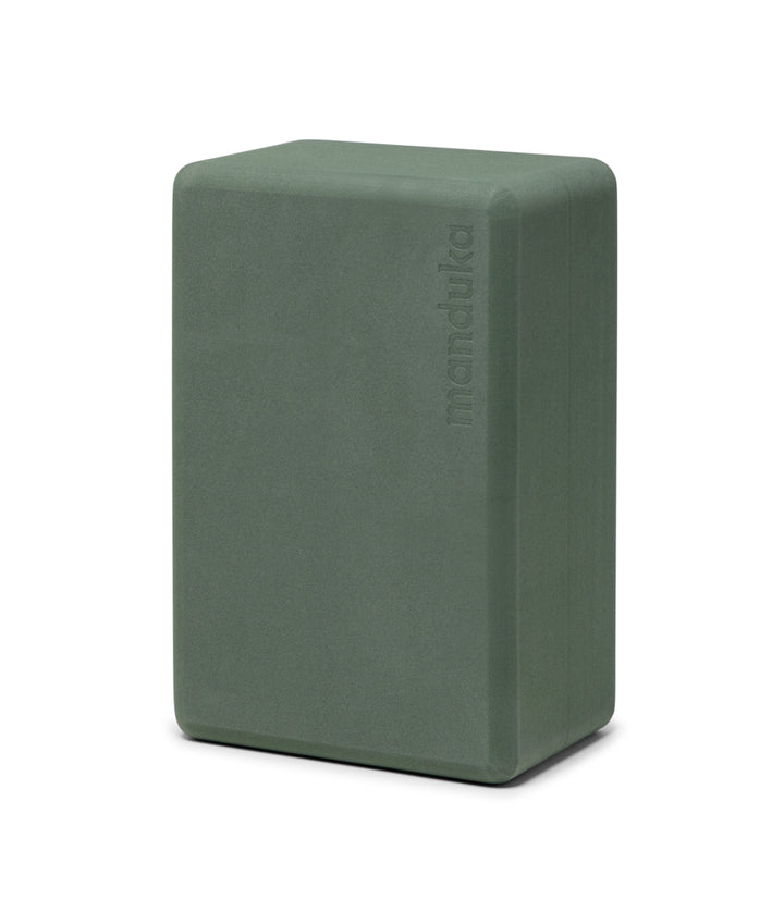 Manduka Recycled Foam Block - Sage - standing vertically | Eco Yoga Store