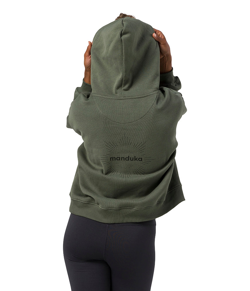 Half Moon Hoodie - Earth - Rear View - Hood Up - Gallery Image 5 | Manduka | Eco Yoga Store