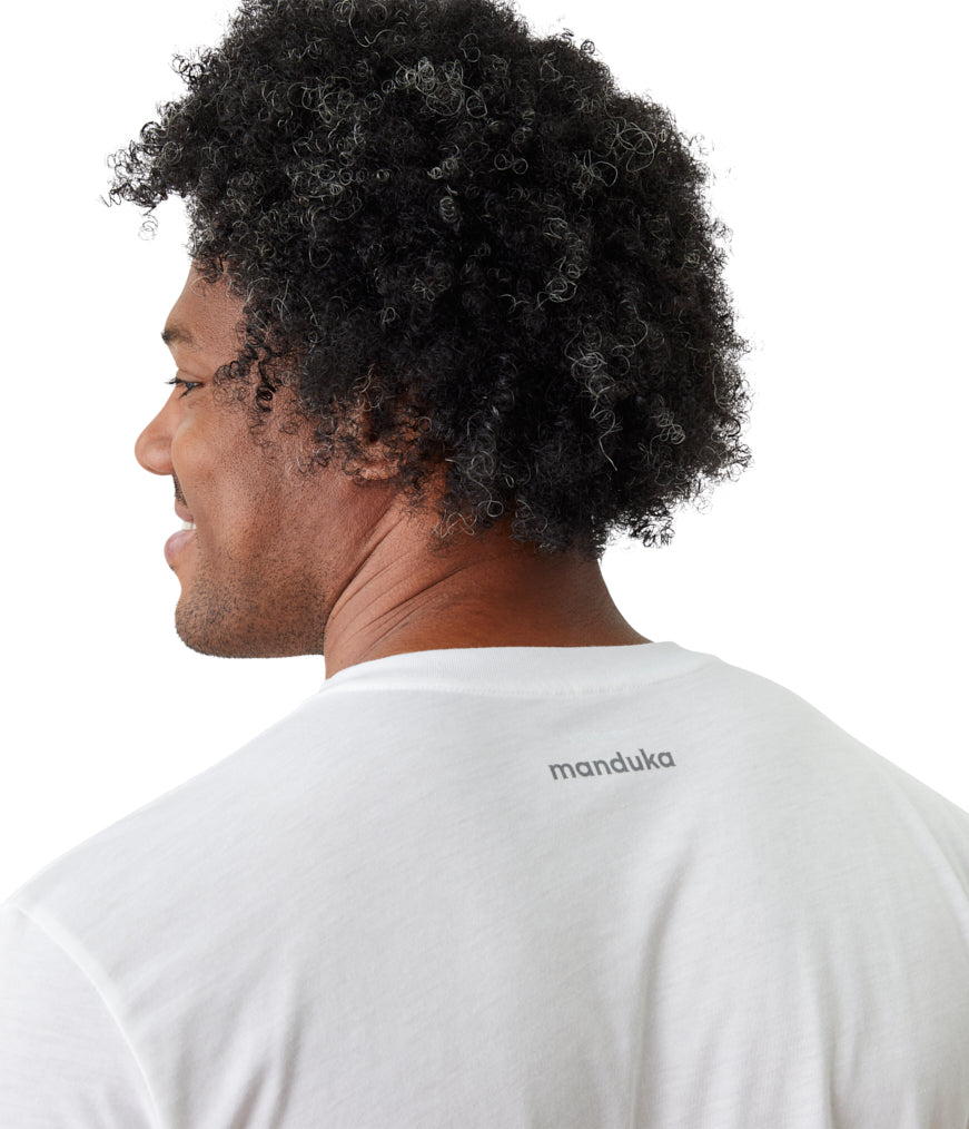 Vinyassa Tee Men - White - Shoulder View - Gallery Image 4 | Manduka | Eco Yoga Store