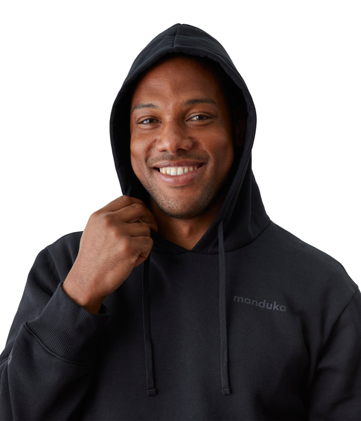 Mens Half Moon Hoodie - Black - Front View - hood Up - Gallery Image 5 | Manduka | Eco Yoga Store