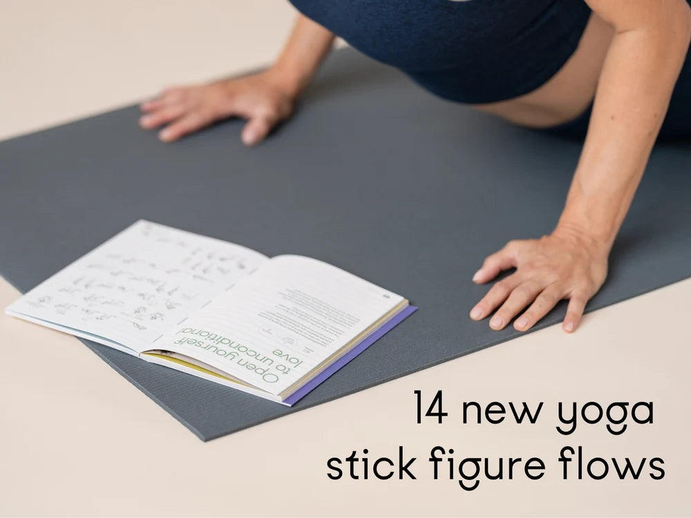 A person in a yoga pose on a Manduka PROLite yoga mat with an open Chakra Flow book, with the text '14 new yoga stick figure flows' on a light beige background - Yoga Journaling | Eco Yoga Store