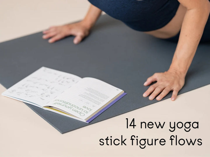 A person in a yoga pose on a Manduka PROLite yoga mat with an open Chakra Flow book, with the text '14 new yoga stick figure flows' on a light beige background - Yoga Journaling | Eco Yoga Store