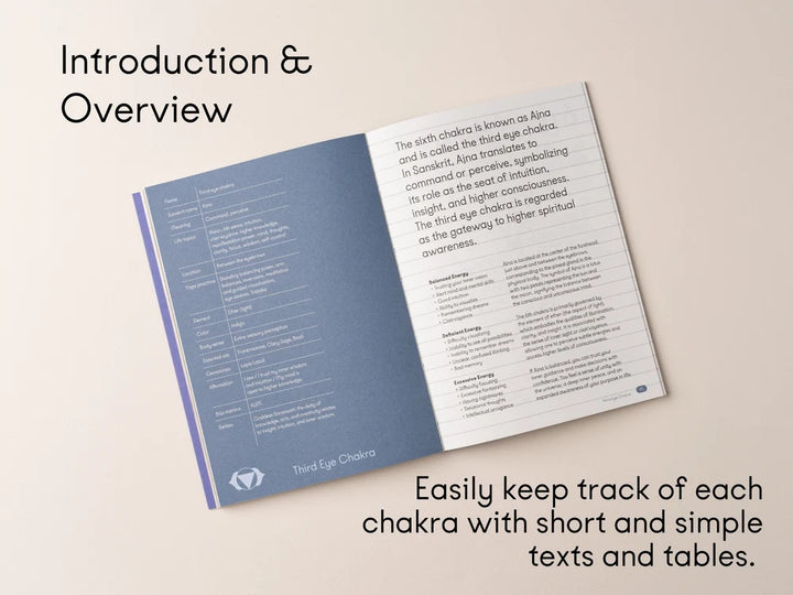 An open Chakra Flow book showing printed chakra information on both pages, photographed on a light beige background with descriptive text around it - Yoga Journaling | Eco Yoga Store
