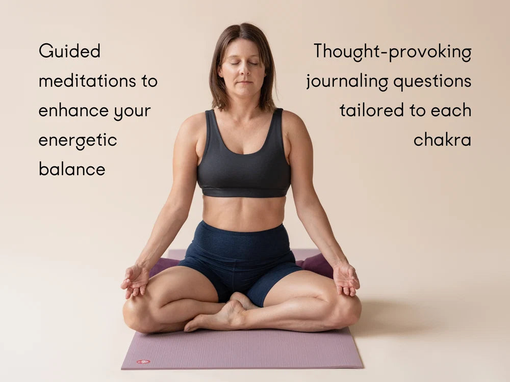 A woman meditates cross-legged on a Manduka PROLite yoga mat against a warm beige background. Text on both sides reads: 'Guided meditations to enhance your energetic balance' and 'Thought-provoking journaling questions tailored to each chakra' - Yoga Journaling | Eco Yoga Store