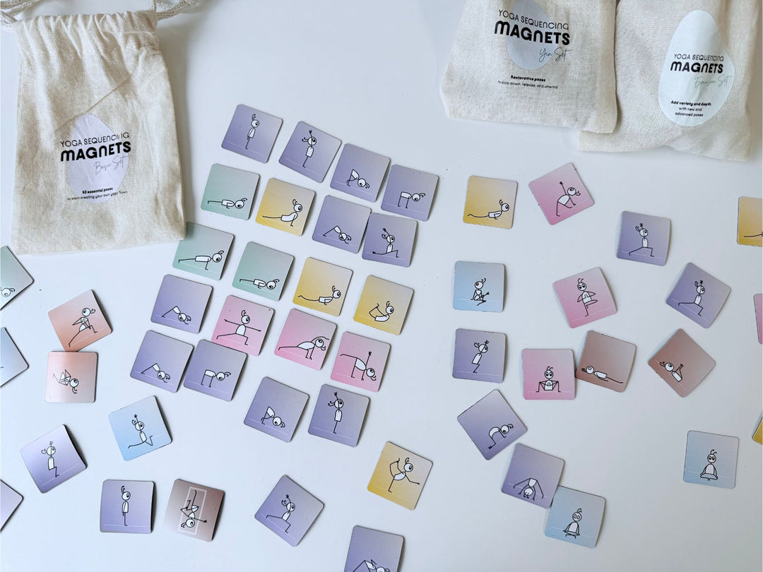 A set of yoga pose sequencing square magnets with illustrated figures, arranged on a white surface alongside two cream drawstring storage pouches - Yoga Journaling | Eco Yoga Store
