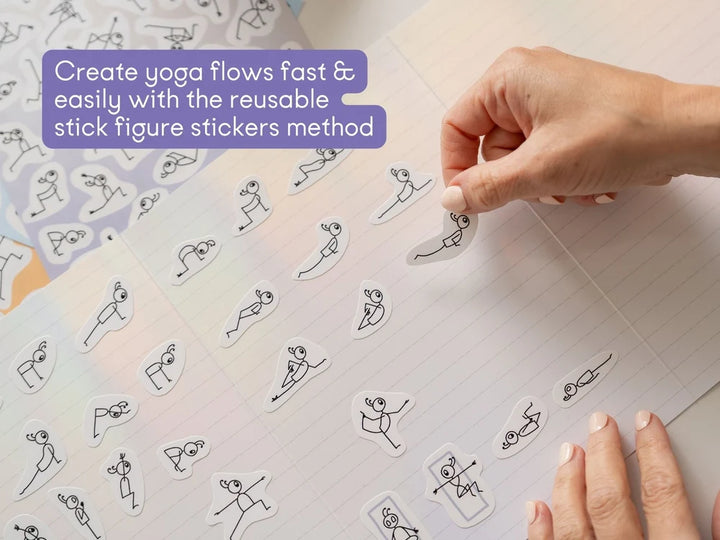 A close-up of a hand placing a small reusable yoga pose figure sticker on a lined page. A purple text box at the top reads, 'Create yoga flows fast & easily with the reusable stick figure stickers method' - Yoga Journaling | Eco Yoga Store