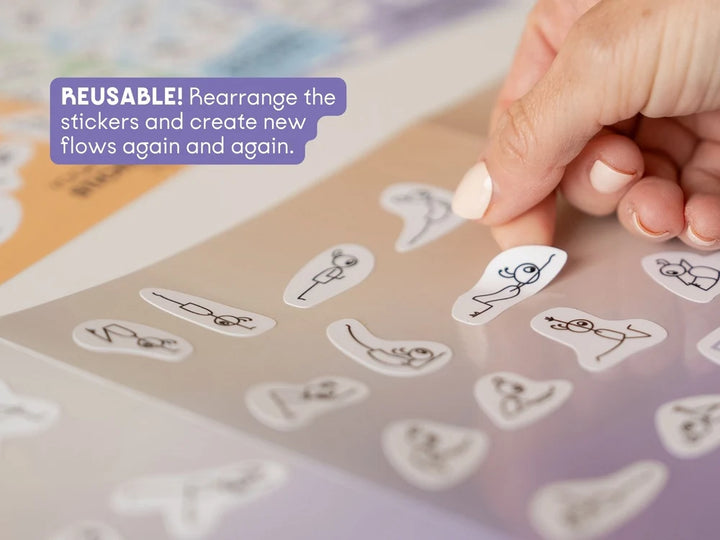 A close-up of a hand peeling a Stick Play Flow flow sticker of a sheet with multiple stickers. A purple text box says the stickers are reusable and can be rearranged to create new flows - Yoga Journaling | Eco Yoga Store