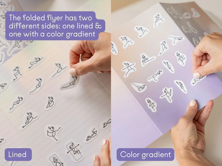 A split-screen demonstration of Stick Play Flow stickers on a folded flyer sheet, labeled 'Lined' on the left and 'Color gradient' on the right. Hands are shown peeling and arranging the sticker figures - Yoga Journaling | Eco Yoga Store