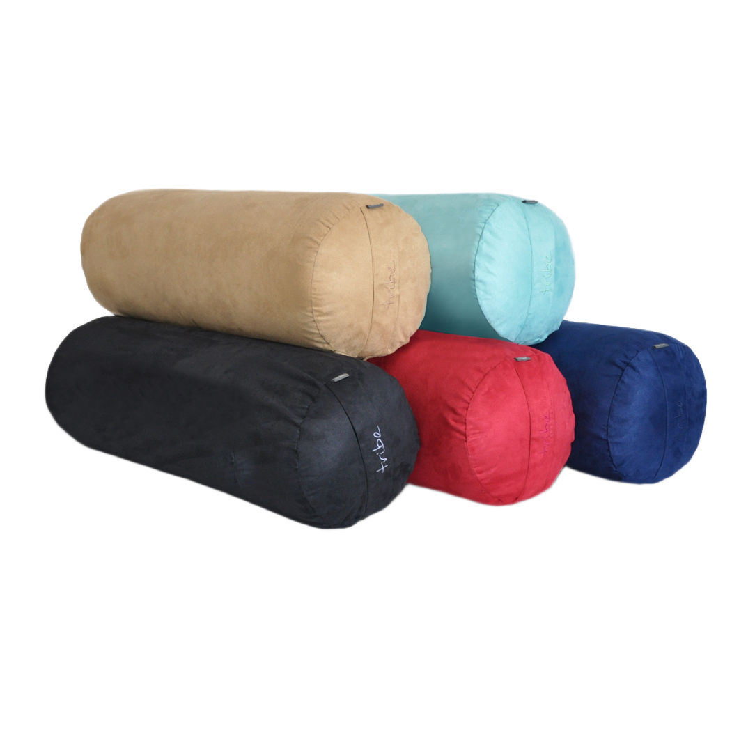 TRIBE Round Bolsters - group shot of Taupe, Pacific, Cosmos, Cherry, Navy | Eco Yoga Store 