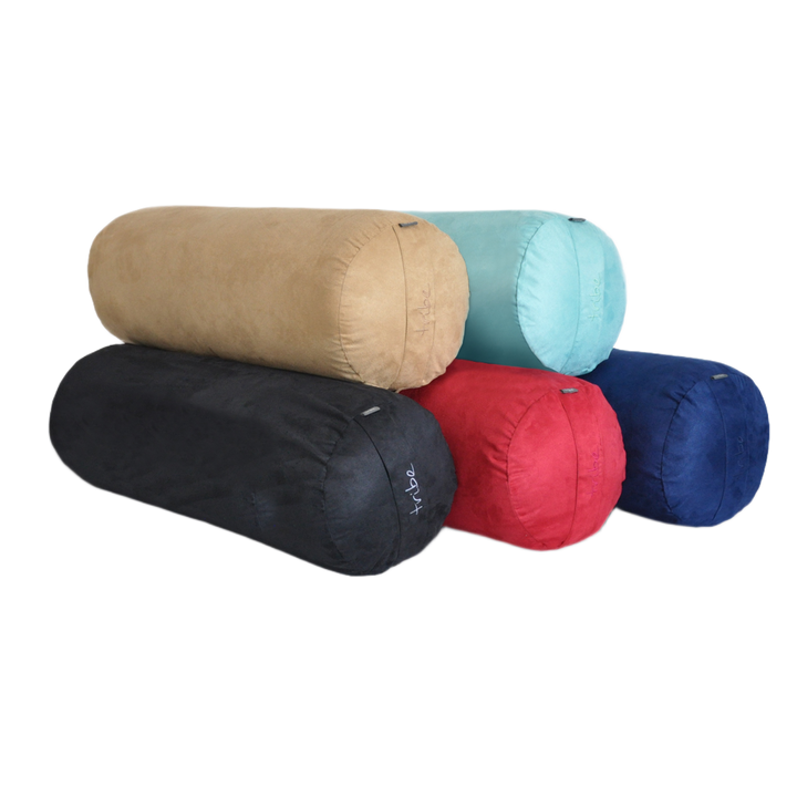TRIBE Round Bolsters - group shot of Taupe, Pacific, Cosmos, Cherry, Navy | Eco Yoga Store 