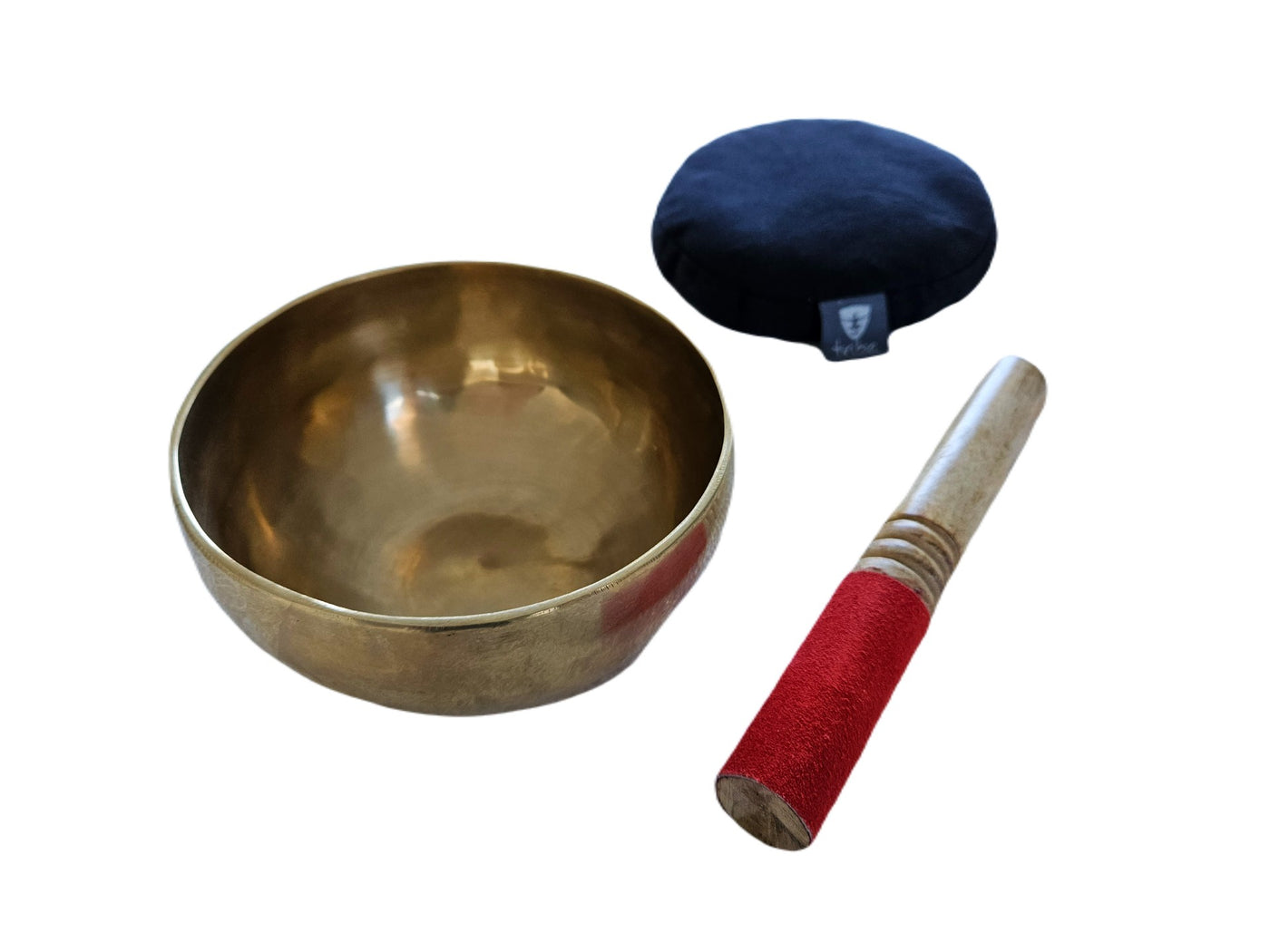 Tibetan Singing Bowl - brass bowl, wooden striker & cotton pad, side by side - TRIBE | Eco Yoga Store