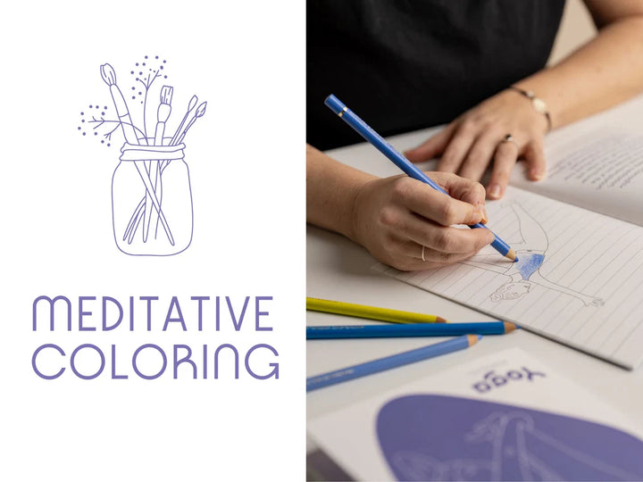 A split promotional graphic for the Yoga Journaling Notebook titled 'MEDITATIVE COLORING.' The left side shows a white background with a purple line drawing of paintbrushes in a jar and the title in purple text - Yoga Journaling | Eco Yoga Store