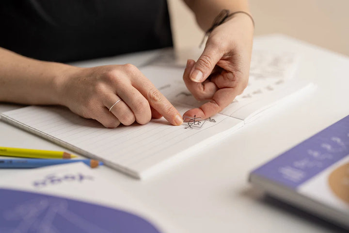 A close-up lifestyle shot of a person's hands placing a StickPlayFlow yoga sequencing sticker onto a page of her Yoga Journaling Notebook - Yoga Journaling | Eco Yoga Store