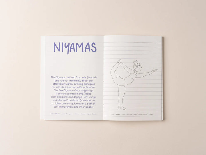 An open Yoga Journaling Notebook laid flat on a light beige background, showing a printed page titled 'NIYAMAS' with blue text and a line drawing of a person in a yoga pose on the right page - Yoga Journaling | Eco Yoga Store
