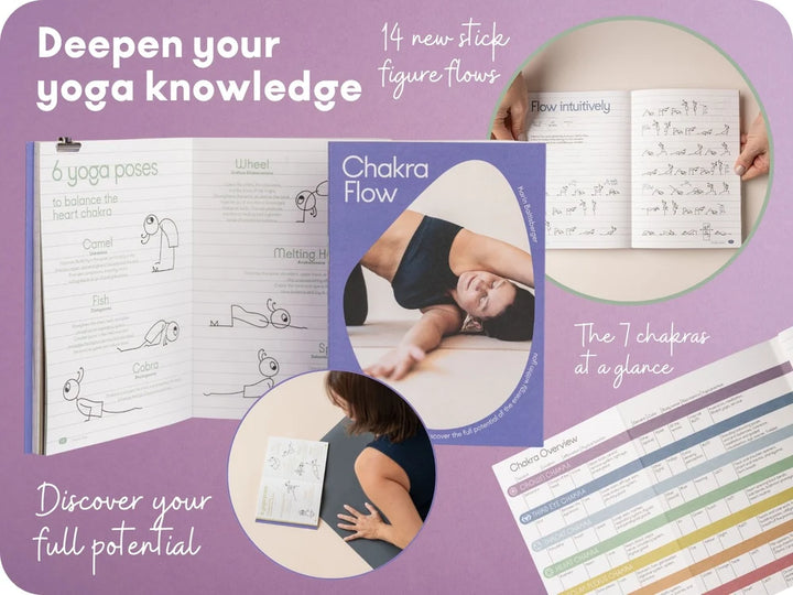 A promotional collage for the Chakra Flow book set on a lavender background. The main item is a square book titled 'Chakra Flow' with a purple cover, shown alongside an open workbook page and a circular inset showing hands holding an open page  - Yoga Journaling | Eco Yoga Store