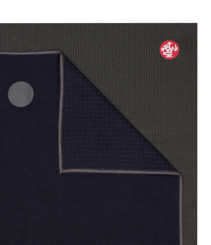 Manduka Yogitoes Mat Towel - Midnight - lying flat, corner folded over | Eco Yoga Store