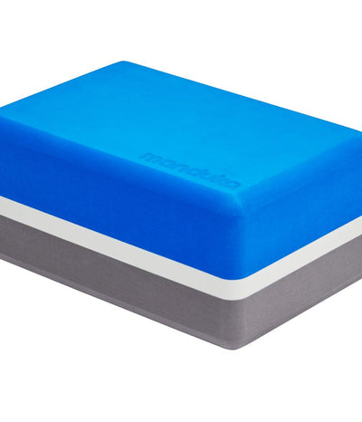 Manduka Recycled Foam Block - Be Bold Blue - corner view, blue side up | Eco Yoga Store