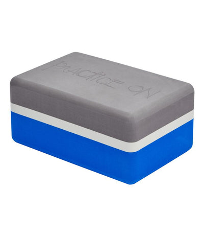 Manduka Recycled Foam Block - Be Bold Blue - corner view, grey side up | Eco Yoga Store