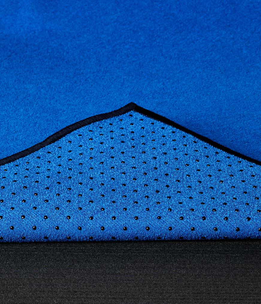Manduka Yogitoes Mat Towel - Be Bold Blue - corner folded over showing underside | Eco Yoga Store