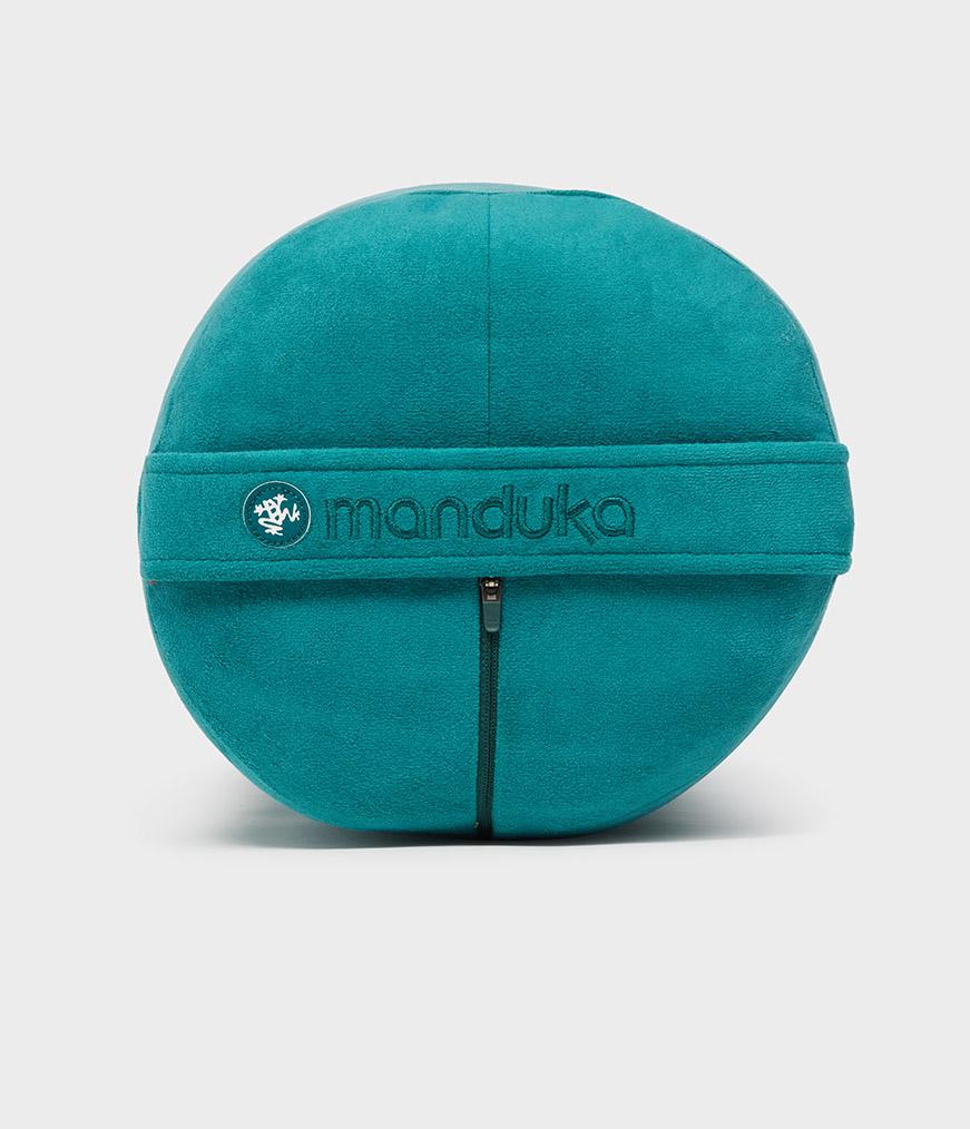 Manduka Enlight Round Bolster - Deep Sea - side on + handle | Eco Yoga Store