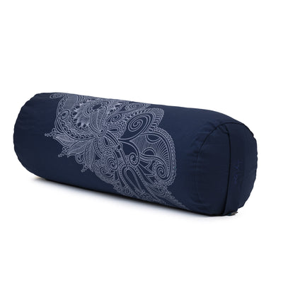 TRIBE Round Bolster - Organic Cotton Cover Henna Print Design - Navy - 45 degrees angle | Eco Yoga Store 