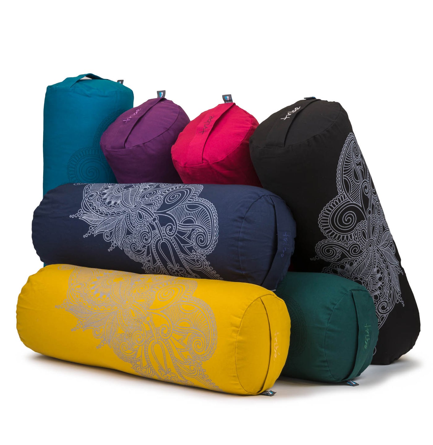 TRIBE Round Bolsters - Organic Cotton Cover Henna Print Design - group shot of all colours | Eco Yoga Store 