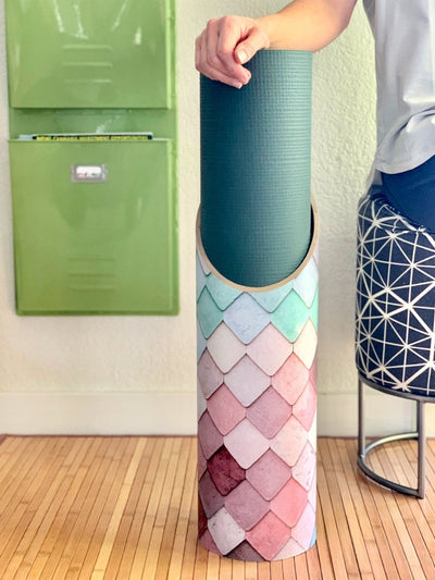 Homi Yoga Mat Tube - Mermaid design - with yoga mat, on wooden floor - Mache | Eco Yoga Store