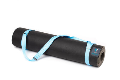 TRIBE Carry Me Mat Sling - Light Blue - attached to a Warrior yoga mat | Eco Yoga Store