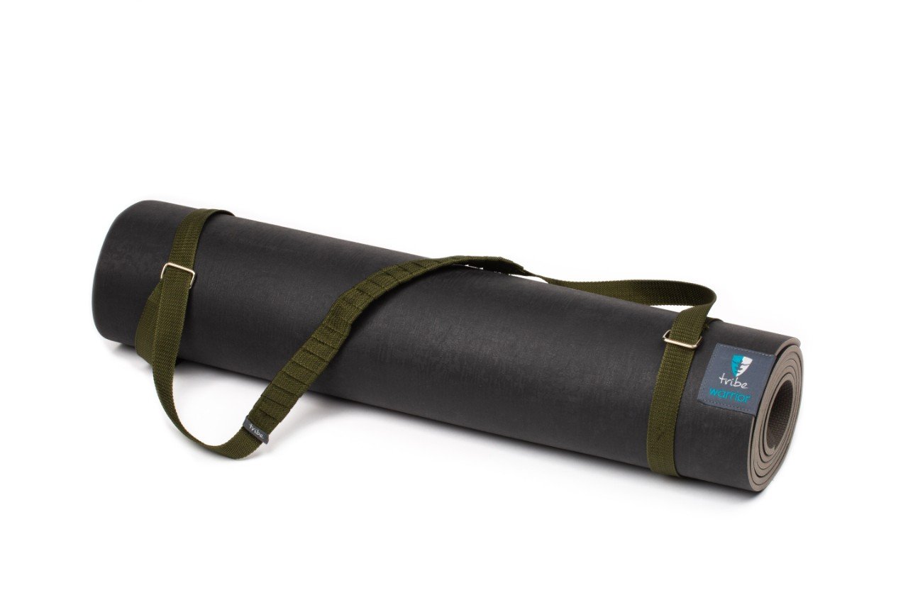 TRIBE Carry Me Mat Sling - Olive - attached to a Warrior yoga mat | Eco Yoga Store