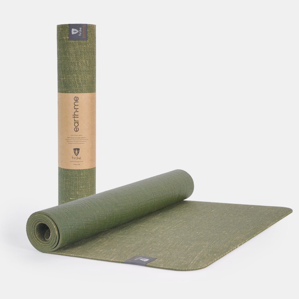 Tribe Earth.Me 4mm Long Yoga Mat - Olive - rolled and partially unrolled | Eco Yoga Store