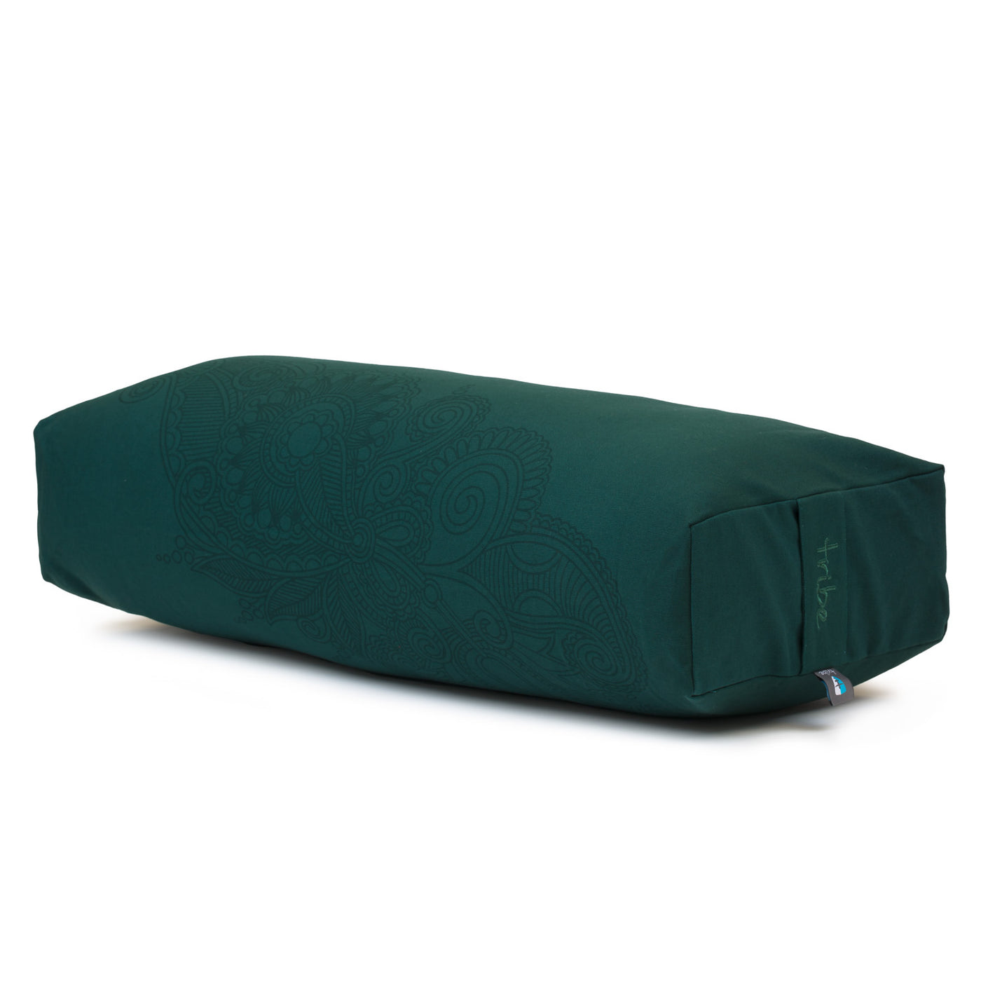 TRIBE Rectangular Bolster - Organic Cotton Cover Henna Print Design - Deep Forest - 45 degrees angle | Eco Yoga Store 