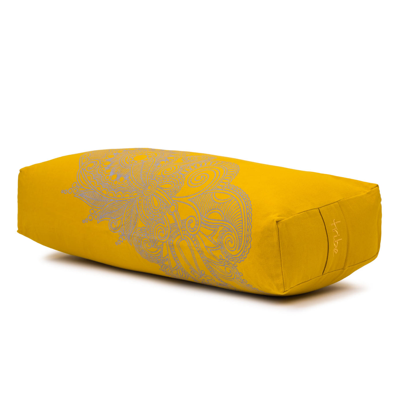 TRIBE Rectangular Bolster - Organic Cotton Cover Henna Print Design - Gold - 45 degrees angle | Eco Yoga Store 