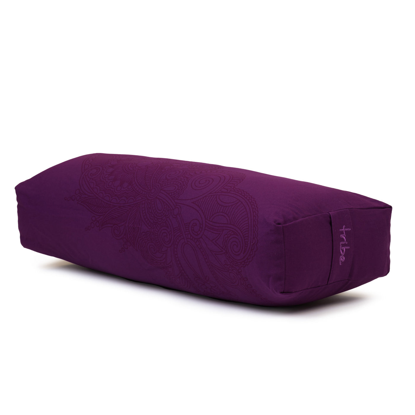 TRIBE Rectangular Bolster - Organic Cotton Cover Henna Print Design - Grape - 45 degrees angle | Eco Yoga Store 