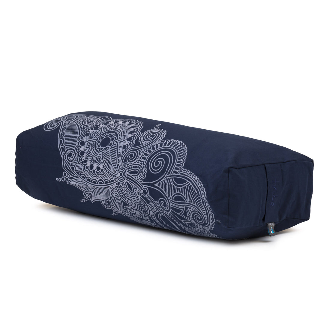 TRIBE Rectangular Bolster - Organic Cotton Cover Henna Print Design - Navy - 45 degrees angle | Eco Yoga Store 