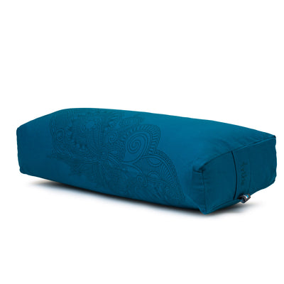 TRIBE Rectangular Bolster - Organic Cotton Cover Henna Print Design - Ocean Depths - 45 degrees angle | Eco Yoga Store 