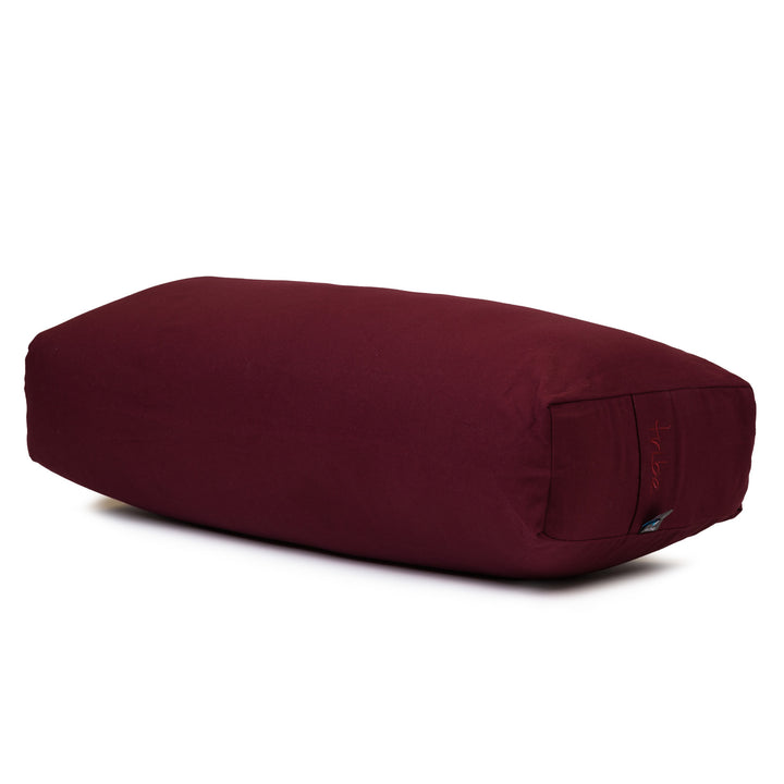 TRIBE Rectangular Bolster - Organic Cotton Cover - Maroon - 45 degrees angle | Eco Yoga Store 