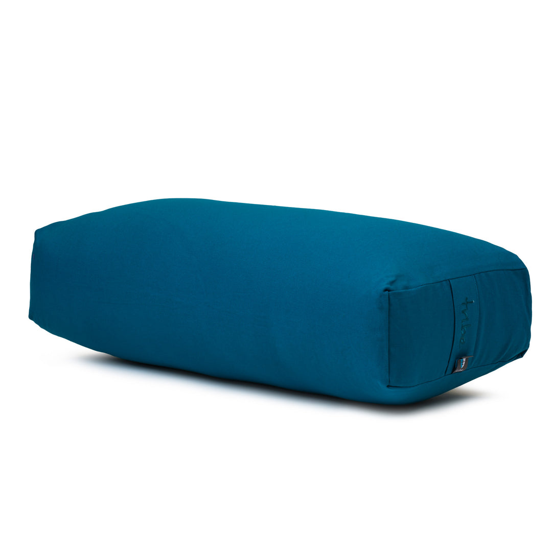 TRIBE Rectangular Bolster - Organic Cotton Cover - Ocean Depths - 45 degrees angle | Eco Yoga Store 