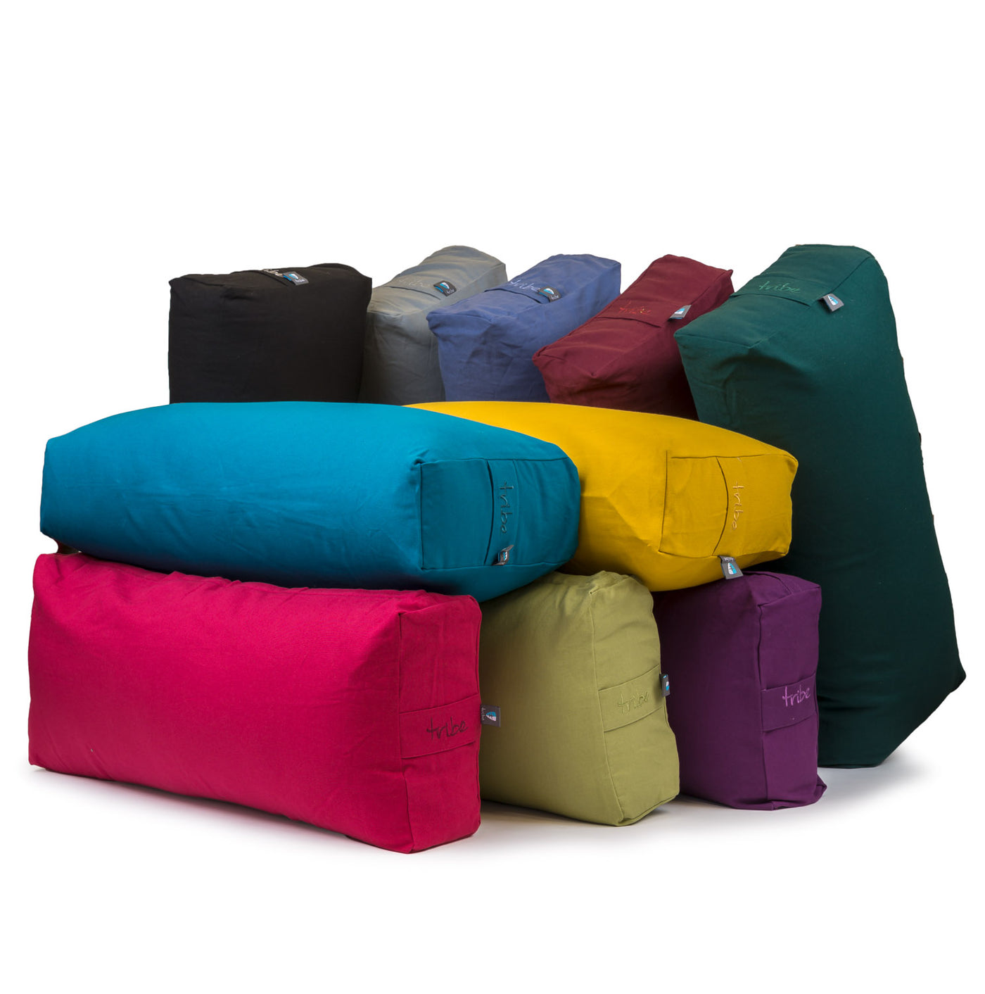 TRIBE Rectangular Bolsters - Organic Cotton Cover - group shot of assorted colours | Eco Yoga Store